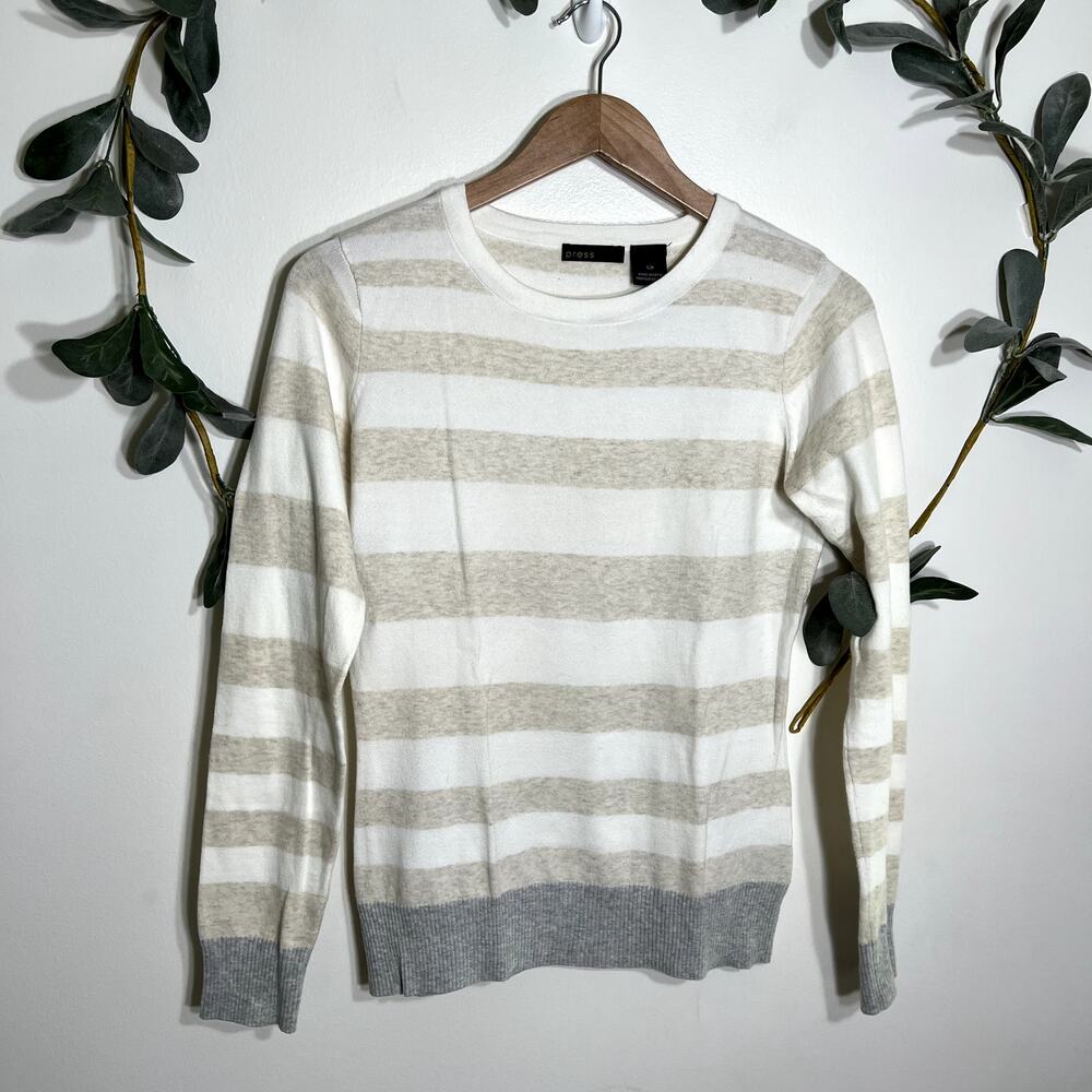 Press White and Tan Striped Crew Neck Sweater